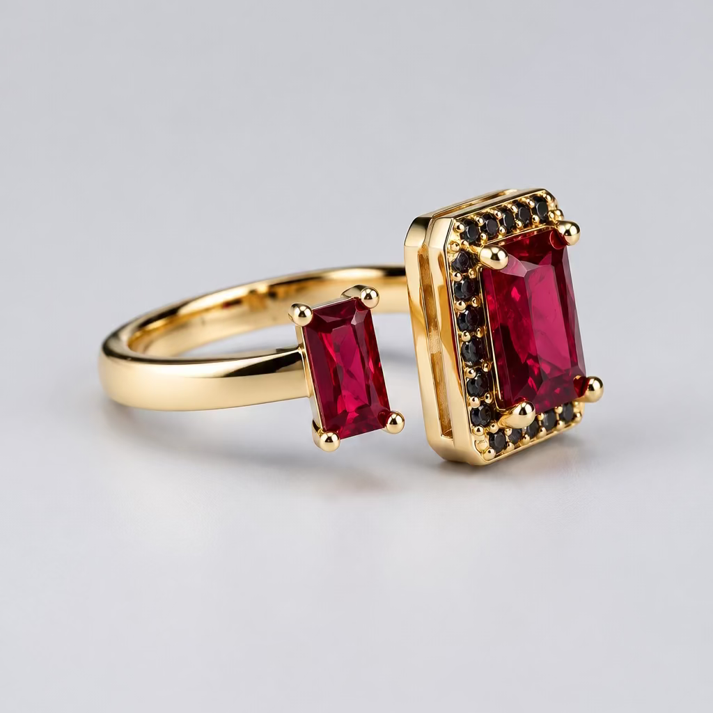A gold ring with a rectangular red gemstone and small black accents, displayed on a white surface with a blurred white jewelry box in the background.