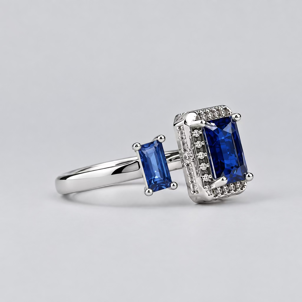 A silver ring with rectangular blue gemstones, displayed on a light surface with a blurred white jewelry box in the background featuring the 'Meenu' brand logo.
