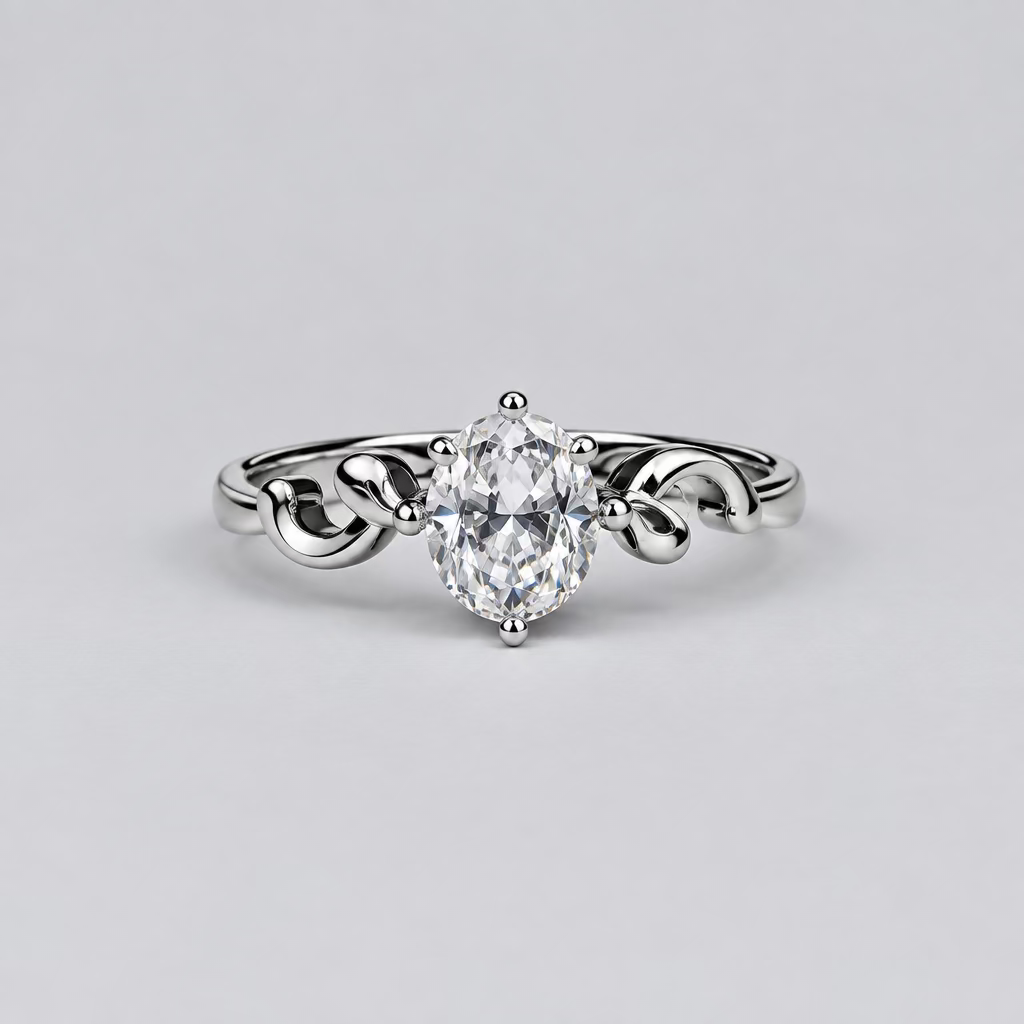 A silver ring with a heart-shaped clear gemstone is displayed in the foreground on a light surface, with a white jewelry box branded 'Meenu' in the blurred background against a dark backdrop.