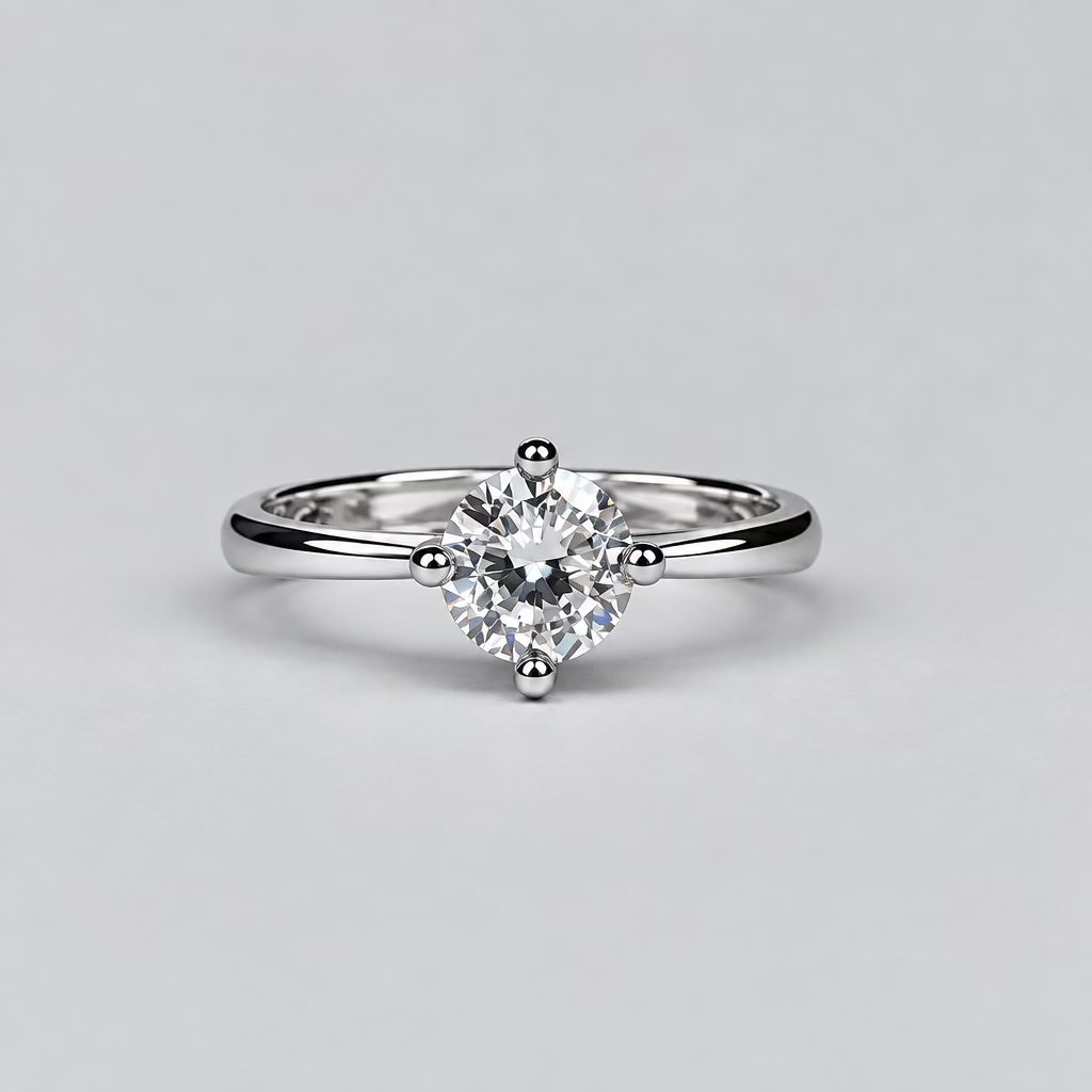 A silver-toned ring with a round clear gemstone is displayed on a light surface, with an open white jewelry box featuring the Meenu jewelry brand in the blurred background.