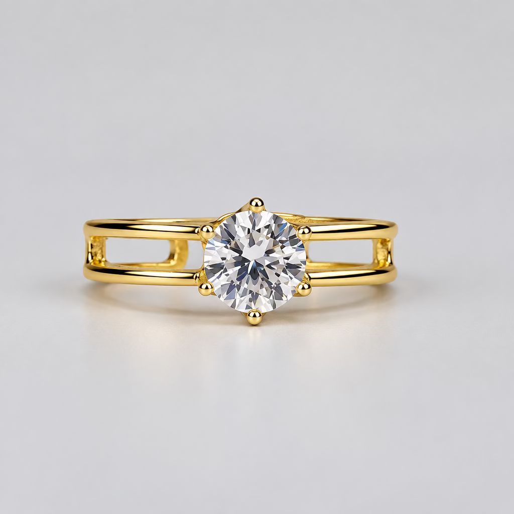 A rose gold ring with a clear central gemstone and small side stones, displayed in front of its white Meenu jewelry box on a light surface.