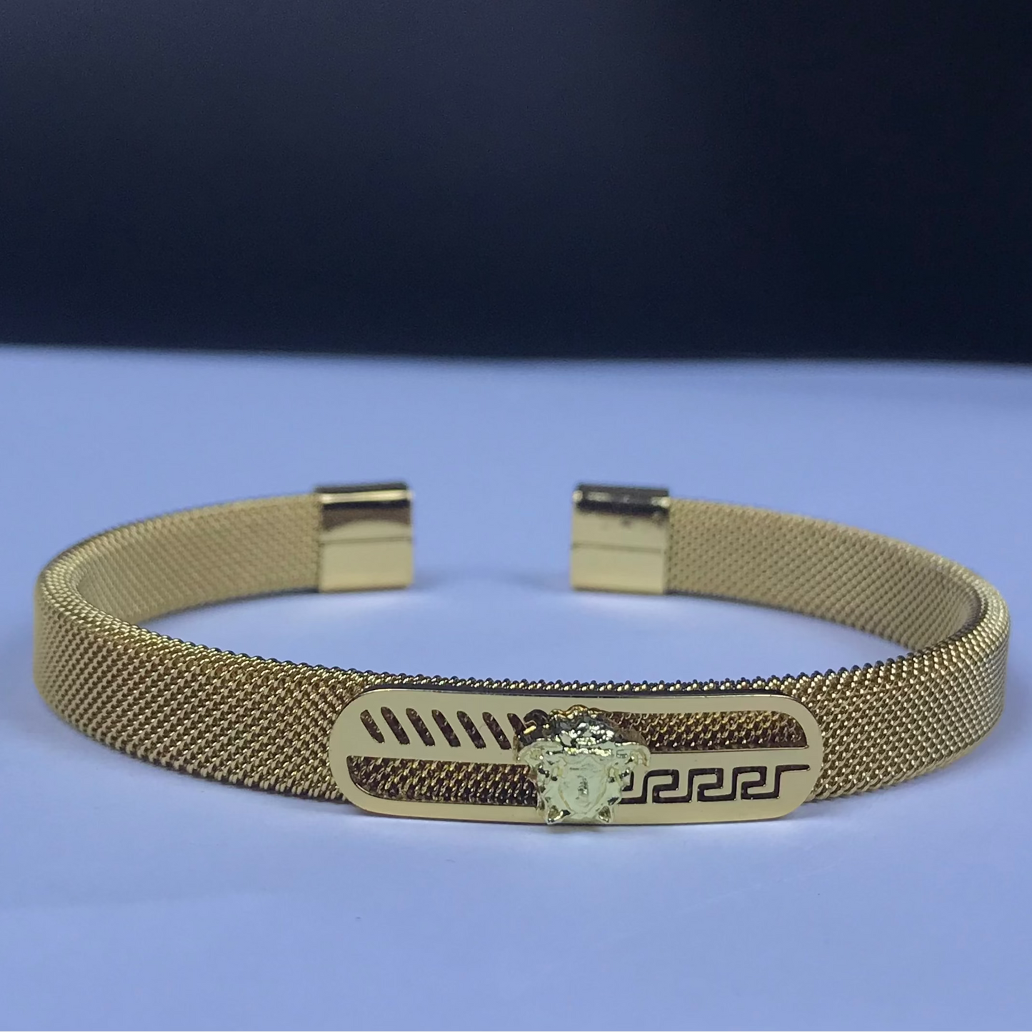 A gold-tone mesh bracelet with a central decorative plate featuring a Medusa head motif and Greek key engraving, displayed on a light blue surface with a dark background.